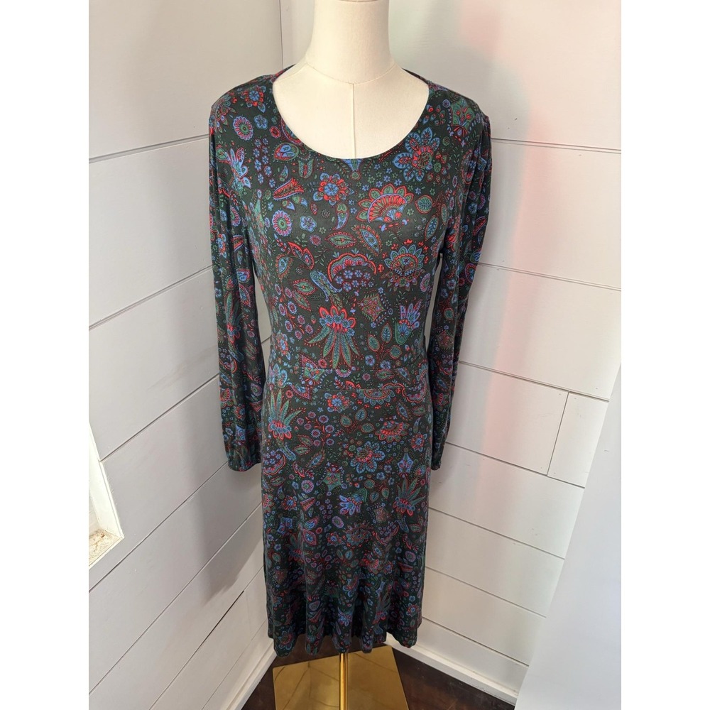 Boden Dress Womens 8 Petite Green Paisley Jersey Scoop Neck A Line Knee Length